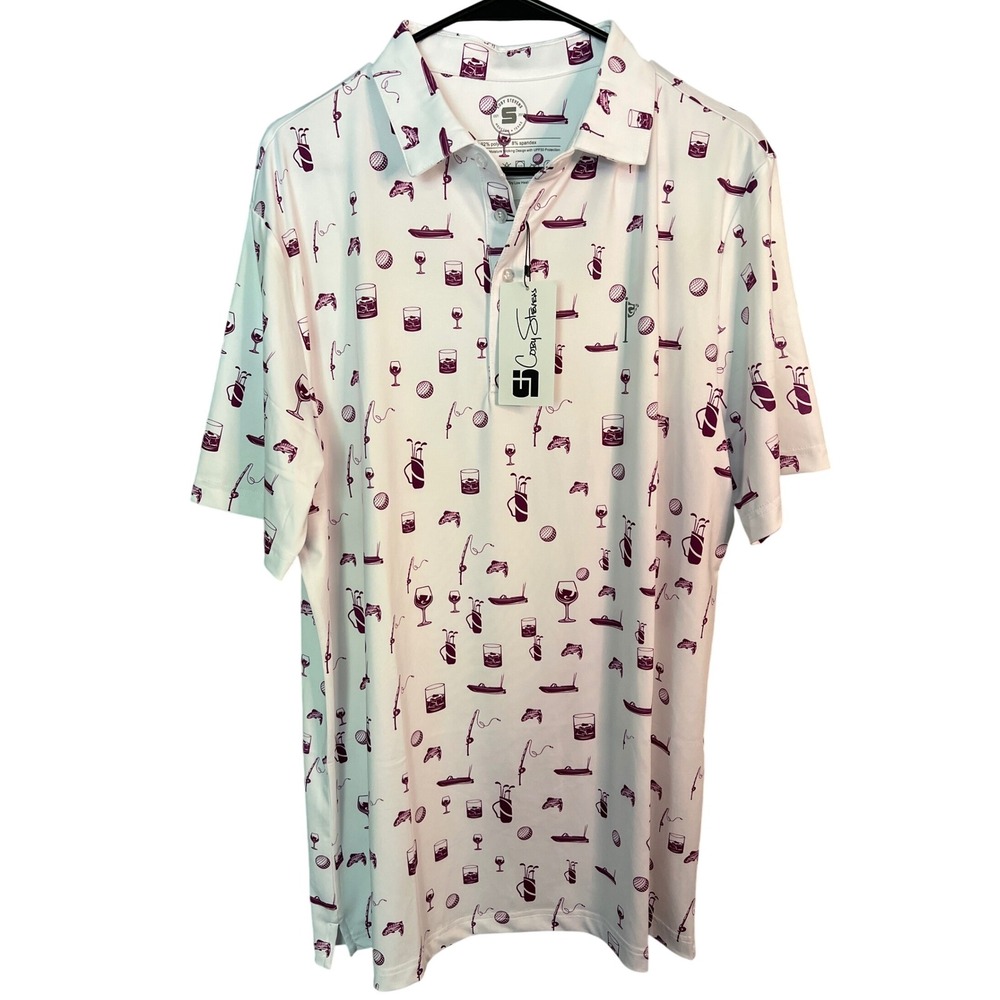 NWT Coby Stevens Hale Yeah Graphic White Purple Polo‎ Shirt XL Fish Golf 50 SPF
